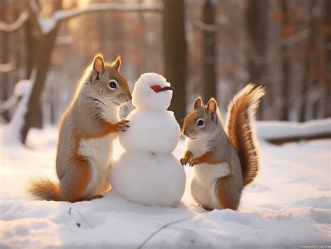Premium AI Image | two squirrels in park with snowman generated ai