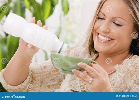 woman drinking yogurt stock photo image  breakfast