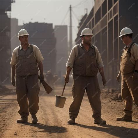 Three men wearing hard hats and carrying a bucket with a bucket ...