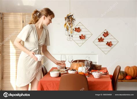 Beautiful Young Woman Decorating Table Thanksgiving Dinner Modern ...