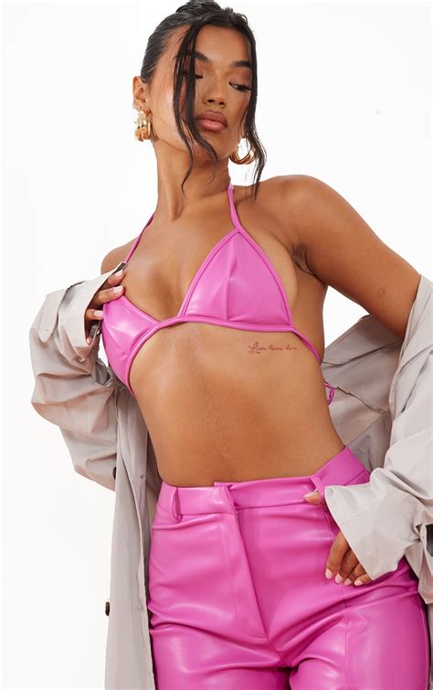 Bright Pink Faux Leather Tie Back Bralet | PrettyLittleThing