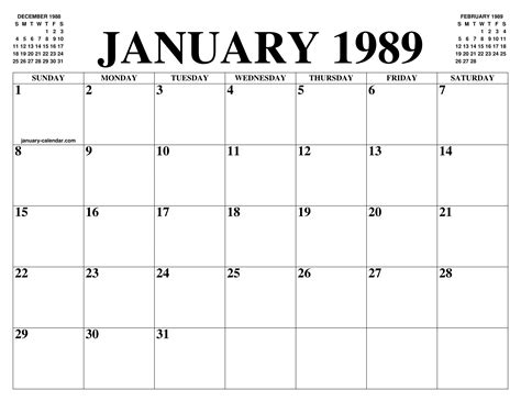 JANUARY 1989 CALENDAR OF THE MONTH: FREE PRINTABLE JANUARY CALENDAR OF ...