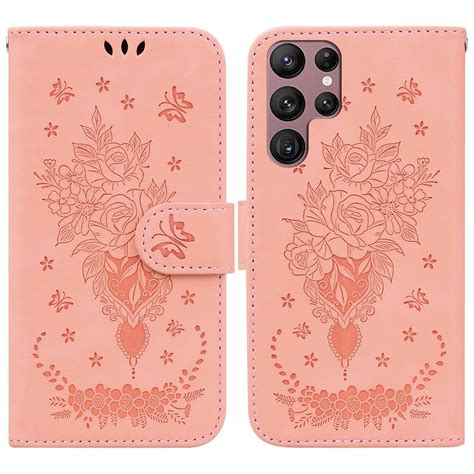 For Samsung Galaxy S22 Ultra 5G Butterfly Rose Embossed Leather Phone