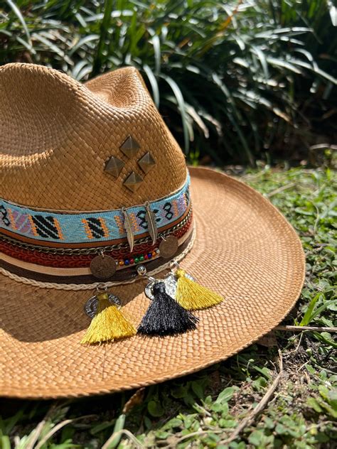 Colombian Handmade Hat, Feather Reference Brown Straps, Colorful Summer Hat for Women, Straw Hat ...