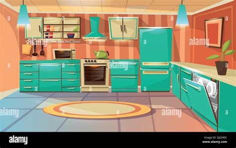 Vector modern kitchen interior background template. Cartoon dinner room illustration with ...