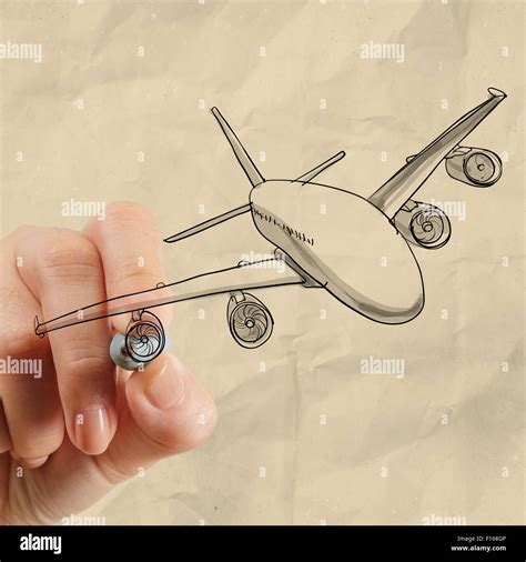 Dibujo a mano alzada, avión con papel arrugado como concepto de fondo ...