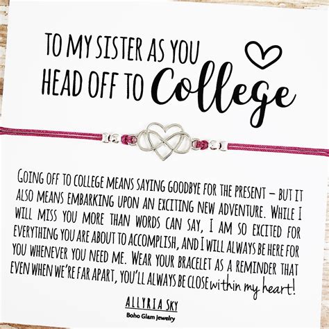 Friendship bracelet with sister off to college card sister gift sister