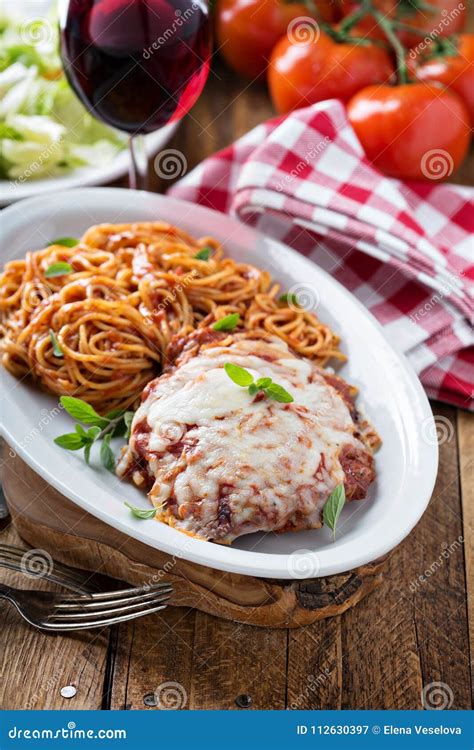 Veal Parmigiana with Spaghetti Stock Image - Image of brown, meat ...