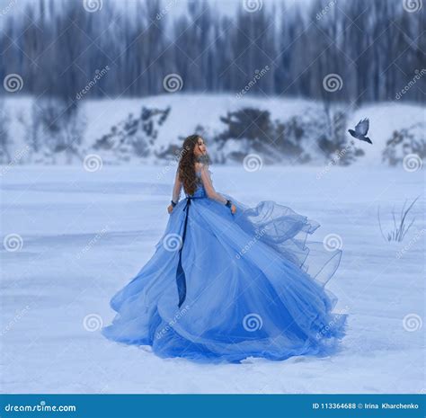 Snow Queen in a Luxurious, Lush Dress with a Long Train. a Girl Walks
