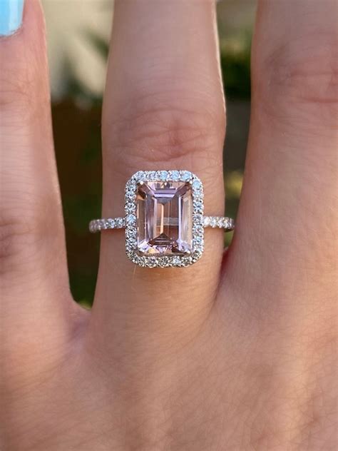 Emerald Cut Morganite Diamond Halo Engagement Ring. 14k White | Etsy