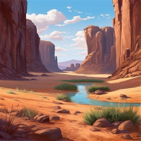 Premium Photo | Painting of a desert landscape with a river and rocks ...