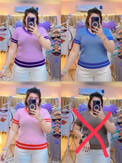 1081. L เสื้อไหมพรมสาวอวบเนื้อดีงานป้าย คอวี แต่งสีทูโทน | Lazada.co.th
