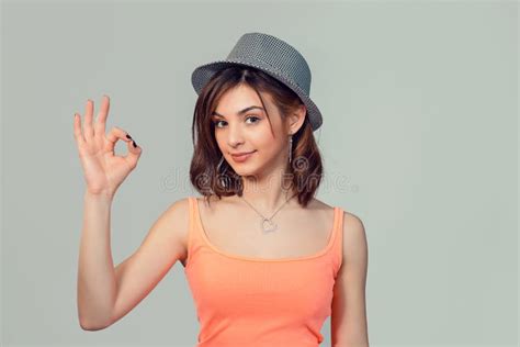 Hipster Teenage Girl in Gray Hat Giving Ok Sign Gesture Stock Image ...