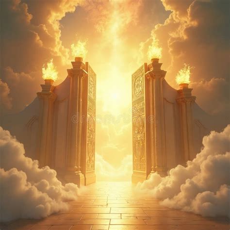 Full Golden Gates Stand Open among Bright Clouds. Celestial Light Shines Update