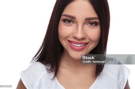 close   beautiful brunette woman smiling stock photo