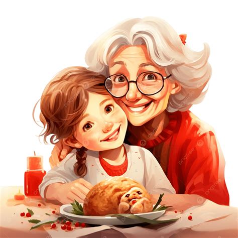 Little Girl Giving Grandmother A Big Hug At Christmas Family Dinner