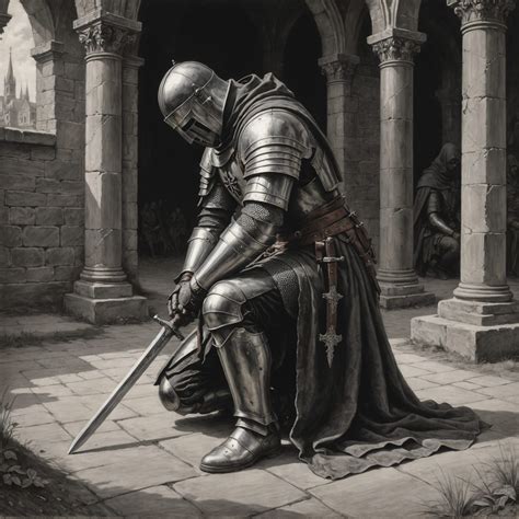 The solemnity of a Templar knight kneeling in prayer, one knee bent