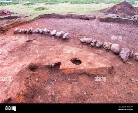 An archaeological excavation of a stone age mound on Park Head, on the ...