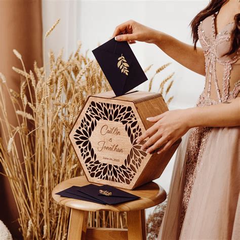 personalized hexagon wedding card box engraved wooden advice box