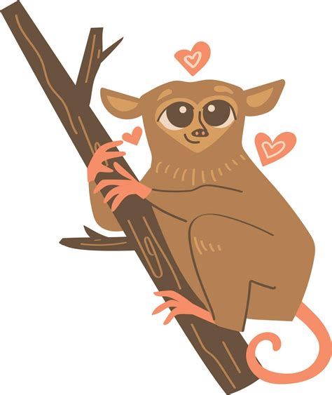 Cute cartoon tarsier on a tree branch with hearts. Vector illustration ...