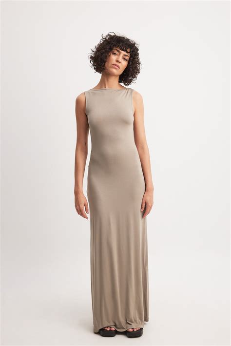 Soft Line Boat Neck Sleeveless Maxi Dress Beige | NA-KD