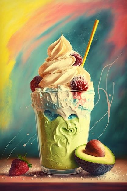 Premium Photo | A painting of a milkshake with a straw and avocado on ...