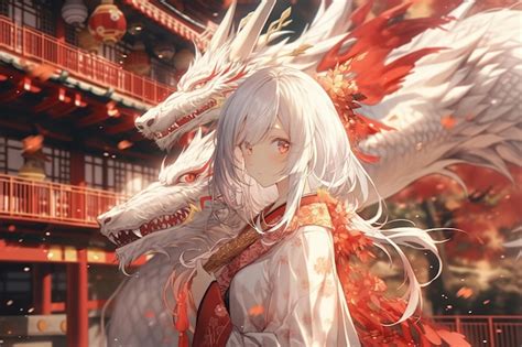 Premium AI Image | anime girl with white hair and red dragon headdress ...