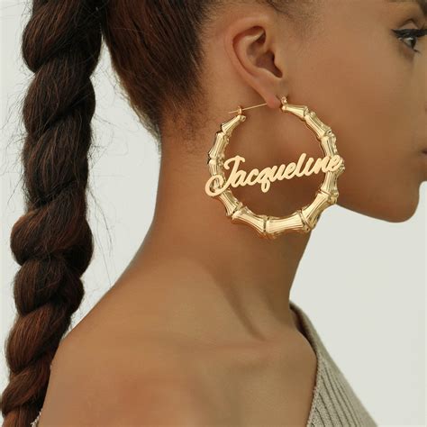 custom  bamboo hoop earrings  gold nameplate hoops women