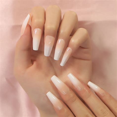 Long Ombre French Ballerina Fake Nail Nude Color White Faux Ongles