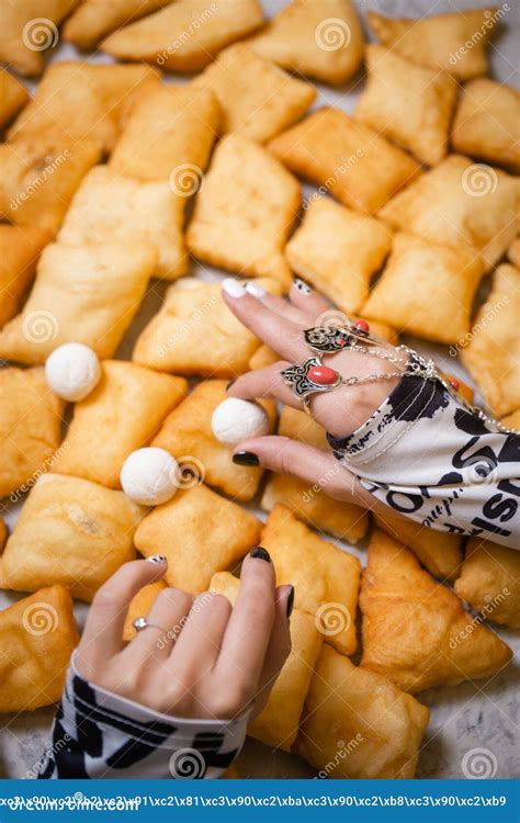 National Kazakh Dishes Kurt and Baursaks on the Table Stock Image ...