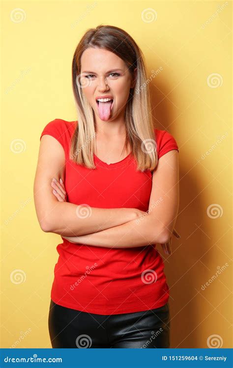 Naughty Young Woman On Color Background Stock Photo - Image of mood ...