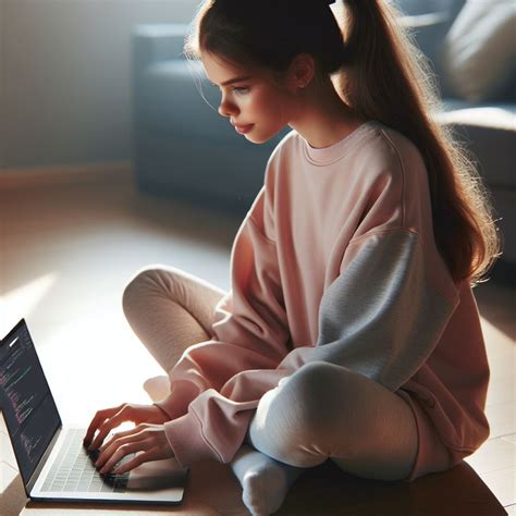 Young Girl Coding on Laptop | Tech Home Workspace | AI Art Generator ...
