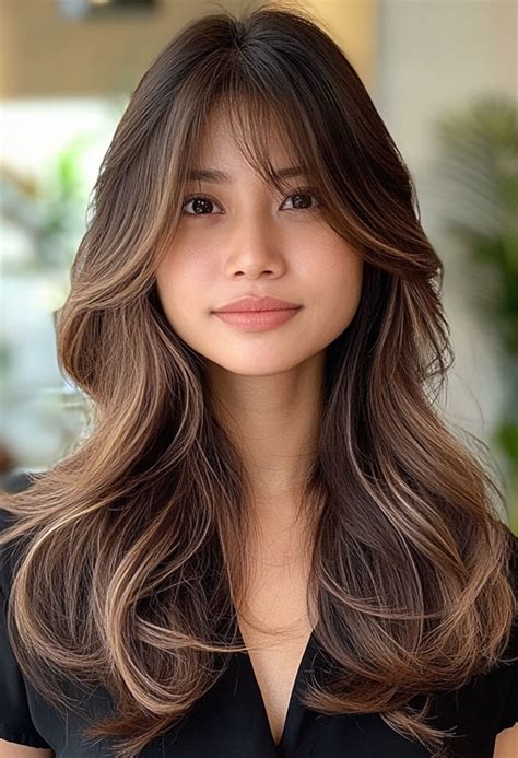 curtain bangs  layered long hair natural brunette  soft