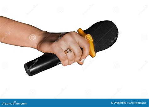 Girl S Hand Holding a Dark Microphone Instrument for Singing on a White ...