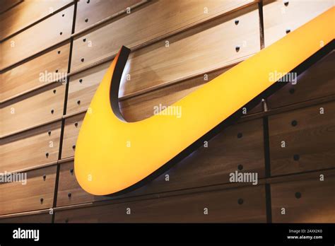 27 November 2019, UAE, Dubai Mall: Nike logo close-up at sportswear ...