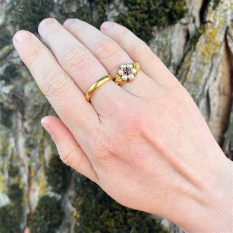 Antique Georgian 18k Gold Ruby and Pearl Halo Ring