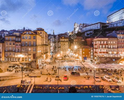 Ribeira Square in City Center of Porto at Night, Portugal Stock Photo ...