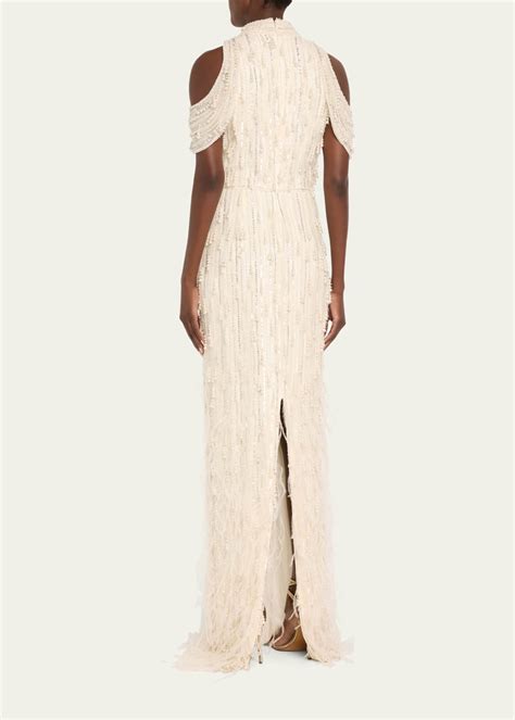 Pamella Roland Fringe Beaded Cold-Shoulder Tulle Gown - Bergdorf Goodman