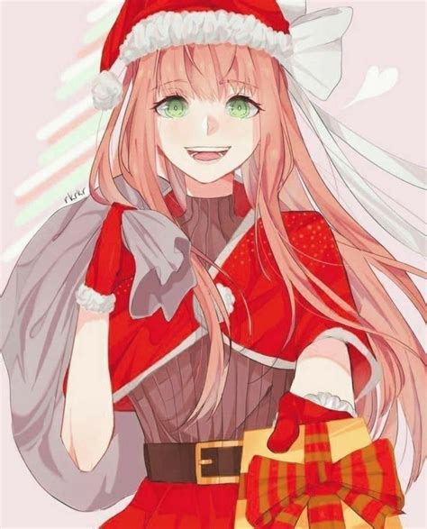 an anime girl with long hair wearing a santa hat and holding a present ...