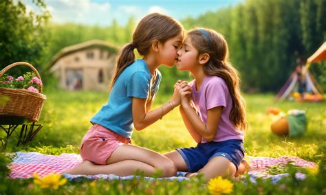 Lexica - Two 10-year-old sisters hug and kiss each other during a