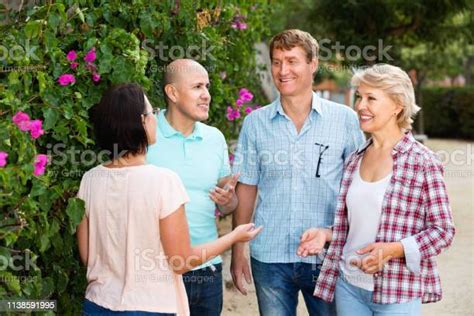 portrait  mature males  females talking outdoors stock photo