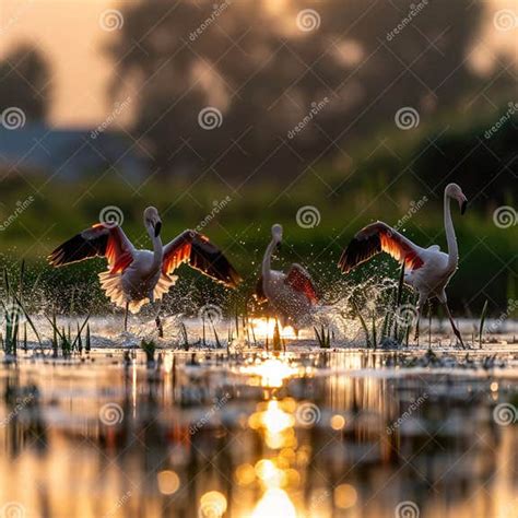 Flamingos Splash and Take Flight at Sunset Over a Tranquil Wetland ...