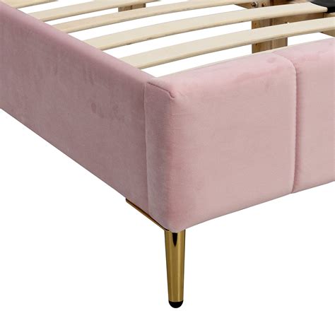 Sylvie Velvet Upholstered Bed Frame with Golden Chrome Legs (Pink ...