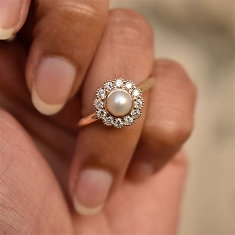 Pearl Engagement Ring With Diamond Halo in 14k Solid Gold | Etsy