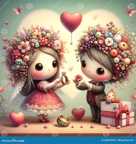 Whimsical Cute Wedding Rings Couple Valentine Illustration Stock