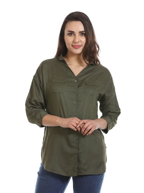 Mustard Women's Chic Olive Green Solid Modal Shirt