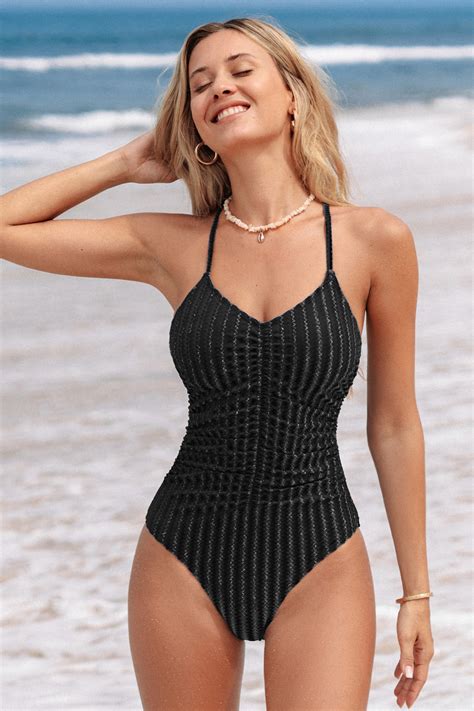 Shiny Plunge Ruched One-Piece