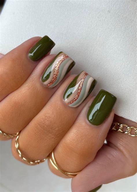 40+ Trendy Ways To Wear Green Nail Designs : Olive Green & Gold Swirl ...