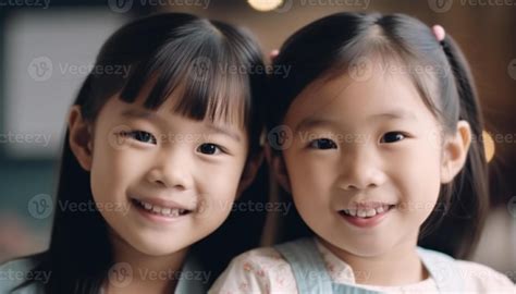Cute Chinese and Japanese siblings smiling, bonding in domestic life
