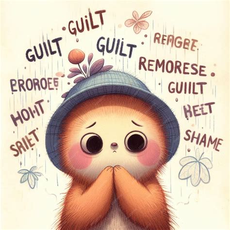 Adorable cartoon character with a guilty expression surrounded by words